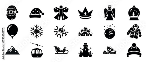 Christmas icons: santa, snowman, angel, snow globe, and winter symbols collection