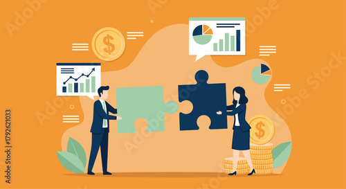 Professionals seamlessly connect puzzle pieces symbolizing successful business strategy and financial growth with data insights