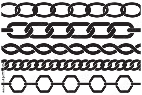 Monochrome set different type of metal chains in silhouette style. Seamless shape, for graphic design of logo, emblem, symbol, sign, badge, label, stamp, Set of nautical ropes shapes silhouette. 