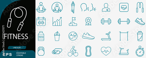 Fitness gym workout line icons set, sport vector design