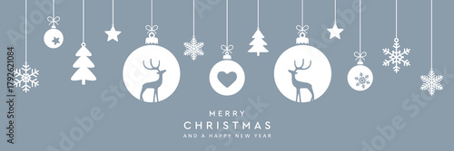 christmas greeting card with decorative christmas balls with reindeer vector illustration