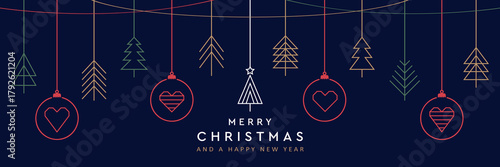 merry christmas card with hanging decoration in form of tree and heart vector illustration