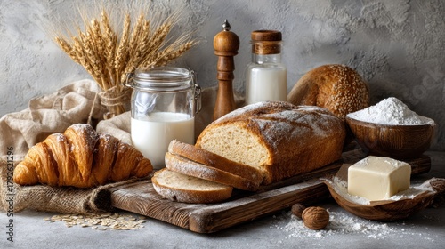 Artisan Breads, Milk and Baking Ingredients Still Life Composition