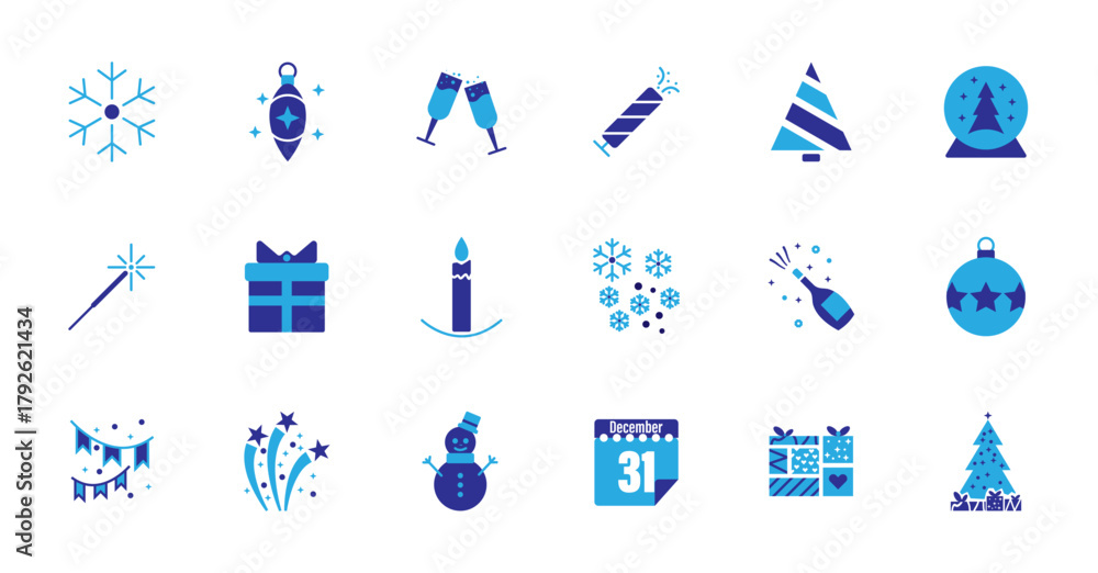 Fototapeta premium A set of New Year and Christmas flat icons. This collection includes a snowflake, champagne glasses, gift box, snowman, calendar, Christmas tree, champagne, celebration, fireworks icons.
