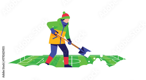 Dedicated groundskeeper diligently shovels snow from a vibrant green soccer field, preparing for championship play