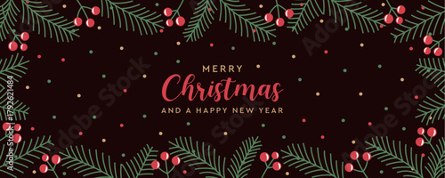 merry christmas card with fir twig and holly berry border decoration vector illustration