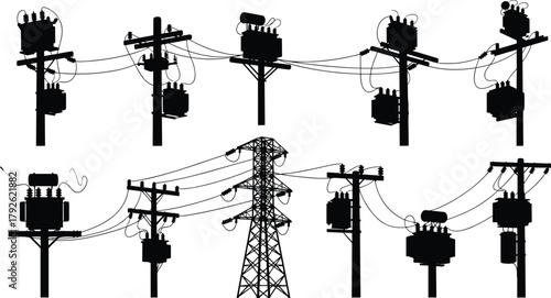 Silhouette vector illustration of electrical utility poles with transformers and wiring—power grid infrastructure, voltage system, energy distribution network layout