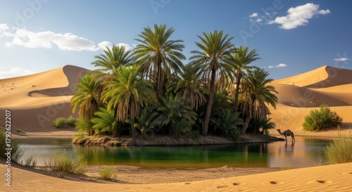 Idyllic Oasis in the Sahara Desert with Camel Drinking from a Serene Pool of Water