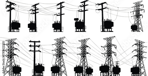 Silhouette vector illustration of utility poles and transmission towers with transformers—electrical grid infrastructure, voltage system, energy distribution network layout