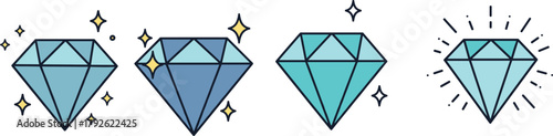 Diamond icon set illustration, four stylized gems with sparkles and glow effects, blue and turquoise shades, vector design, luxury concept