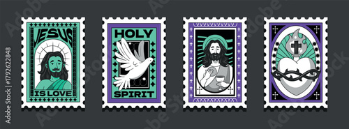 Hand drawn holy set featuring sacred heart cross dove and Christ