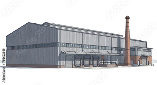 Detailed illustration of a large industrial factory building with a tall brick chimney and multiple loading docks on a white background.