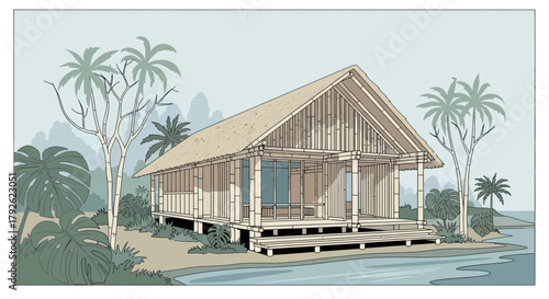 A detailed illustration of a tropical beach house with a thatched roof, surrounded by palm trees and lush foliage, overlooking calm water.