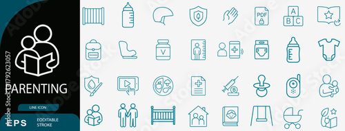 Parenting childcare family line icons set, baby safety vector design