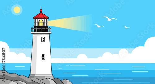 A cartoon illustration of a white lighthouse with a red roof shining a light beam over the blue ocean with seagulls flying under a sunny sky.
