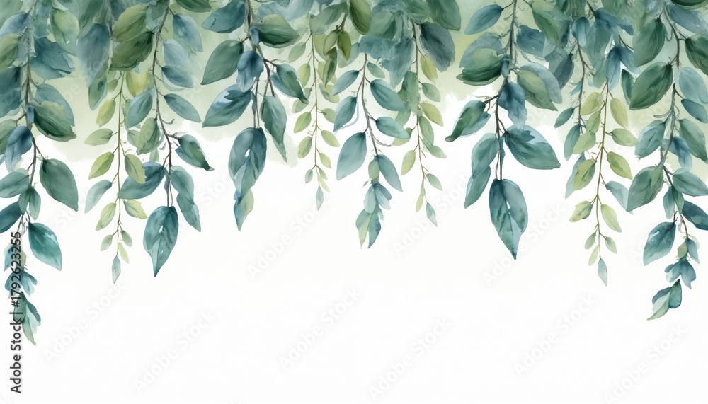Fototapeta premium Watercolor painting shows hanging eucalyptus branches with green leaves. This artwork is suitable for decor, invitations, and wedding designs. It evokes a natural fresh feeling.
