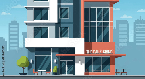 A modern multi-story building with a cafe on the ground floor, featuring outdoor seating and a city skyline background.