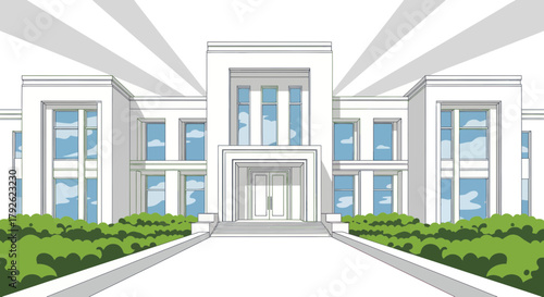 A modern, white, symmetrical building with a grand entrance and green landscaping under a bright sky with sun rays.