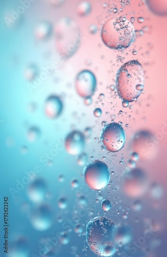 Wallpaper Mural Transparent water droplets on gradient backdrop. Blue, pink color mix. Abstract liquid texture effect for banner design. Refreshing gentle dew composition. Modern artistic wet background for posters, Torontodigital.ca