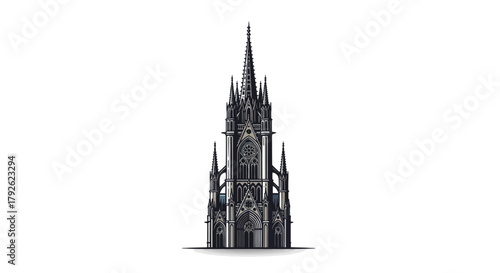Intricate gothic cathedral spire illustration with dark stone architecture and pointed arches on a white background.