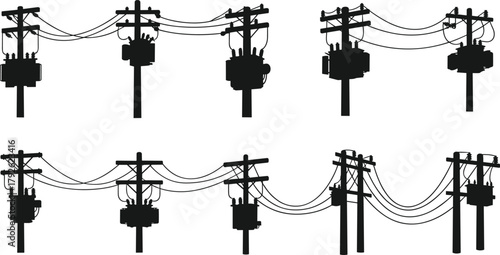 Silhouette vector illustration of utility poles with transformers and power lines—electrical grid infrastructure, voltage system, energy distribution network layout