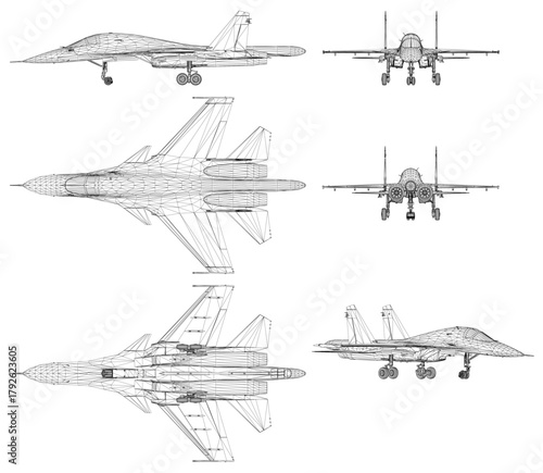 Detailed blueprint of four military fighter jets arranged in symmetrical formation. Each aircraft features unique wireframe design with visible wings, engines, and technical specifications.