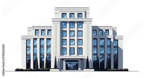 A modern, symmetrical white building with many windows and classical architectural elements, isolated on a white background.