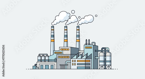 A detailed illustration of a modern industrial factory with multiple smokestacks emitting white smoke, representing manufacturing and potential environmental impact.