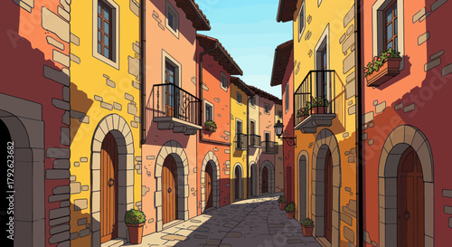 A charming cartoon illustration of a narrow, colorful street in an old European town with traditional buildings and sunlit shadows.