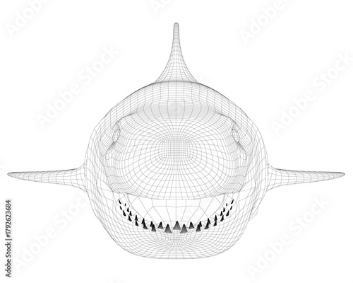 Great white shark 3D wireframe model with open mouth and exposed teeth. The detailed mesh structure is displayed against a clean white background. Front view