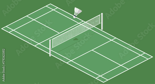 Captivating isometric badminton court with shuttlecock poised for a powerful serve, ready for dynamic game action