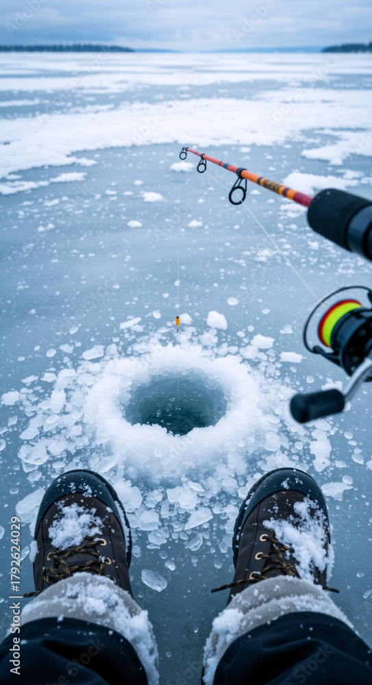 Naklejka premium First person view of ice fishing on a frozen lake. Vertical photo of a fishing rod over a hole in the ice. Cold winter outdoor recreation and hobby