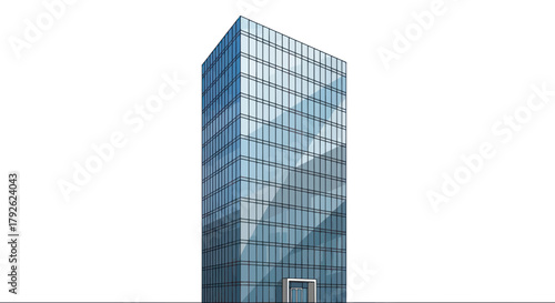 A modern, tall glass skyscraper with blue windows standing against a plain white background, representing urban architecture.
