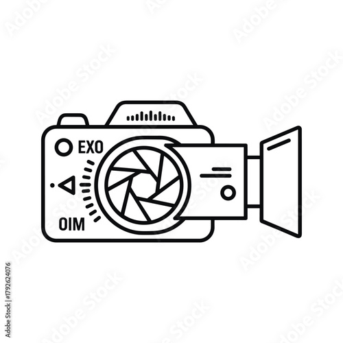 Vintage camera with lens and viewfinder, line art icon