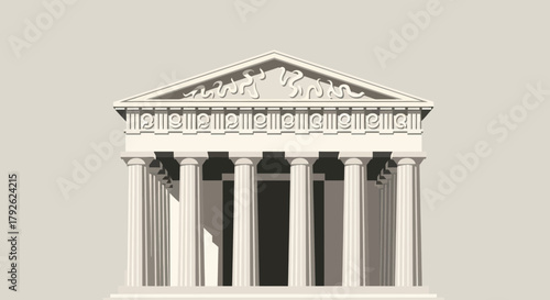A minimalist 3D rendering of a classical Greek temple facade with columns, pediment, and frieze, against a light background.
