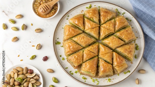 Delicious baklava pieces arranged artistically on a plate, inviting indulgence and celebration in a cozy setting