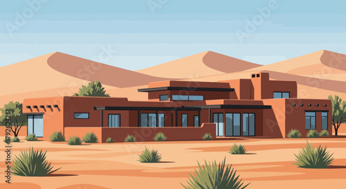 Modern adobe house in a vast desert landscape with sand dunes and sparse vegetation under a clear sky.