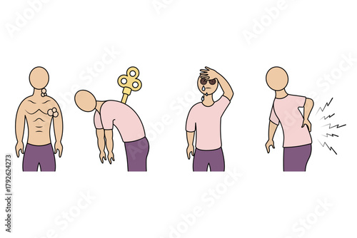 Symptoms of illness. Swollen lymph nodes, fatigue, back pain, conjunctivitis, and headache. Color vector illustration. Isolated on white background. Medical theme. Idea for web design