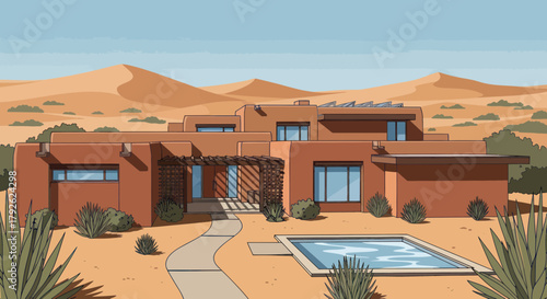 A modern adobe-style house with a swimming pool in a vast desert landscape under a clear sky, surrounded by sand dunes and sparse desert vegetation.