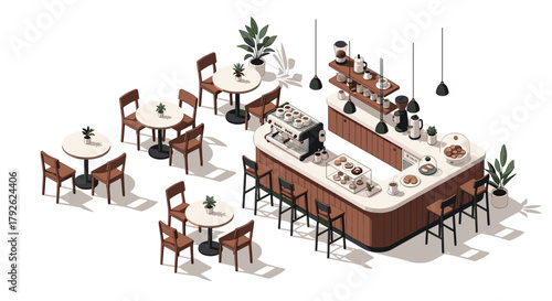 Inviting modern coffee shop interior with cozy seating and espresso bar, perfect for cafe branding and lifestyle visuals