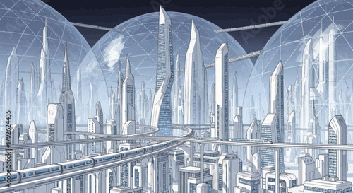 Futuristic city with sleek white skyscrapers under transparent domes and an elevated train system.