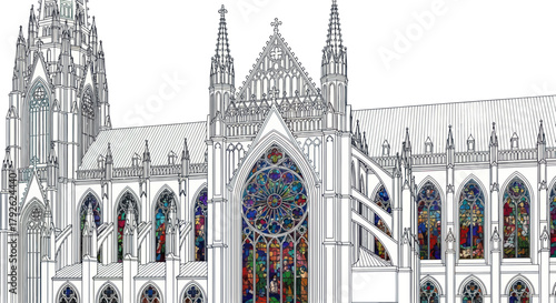 Detailed architectural drawing of a grand Gothic cathedral with intricate spires, pointed arches, and vibrant stained-glass windows.