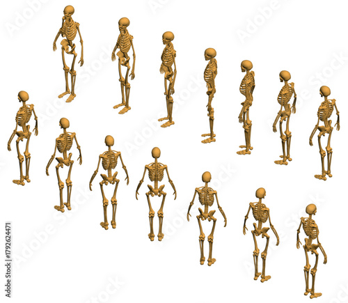 Polygonal human skeletons in dynamic poses on a white background. This set features animated figures with a modern geometric style. Isometric view
