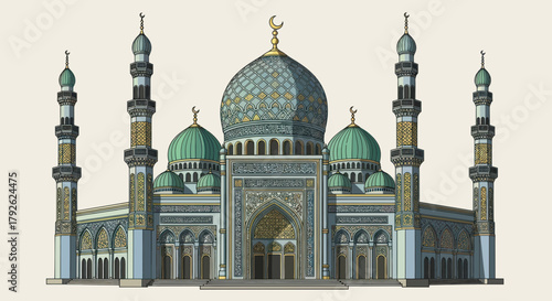 A grand, ornate mosque with multiple domes and tall minarets, showcasing intricate Islamic architectural design and patterns in blue, green, and gold.