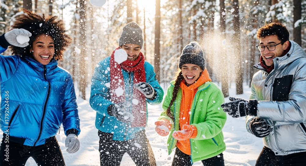 Obraz premium Diverse group of happy friends having a snowball fight in a snowy forest. Young adult multiethnic people laughing and playing together outdoors in winter