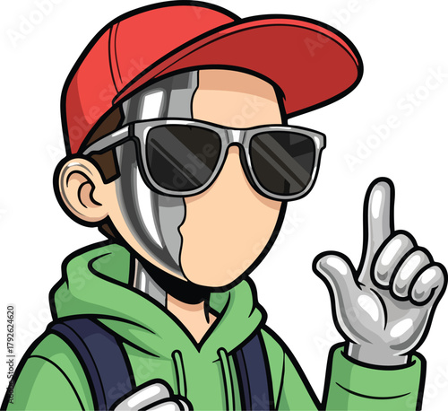 Pixel Art Humanoid Character With Red Cap Sunglasses And Green Hoodie Pointing Finger Up In A Studio Portrait