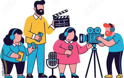 Diverse Film Crew Captures Scene With Clapperboard And Vintage Camera For Movie Production