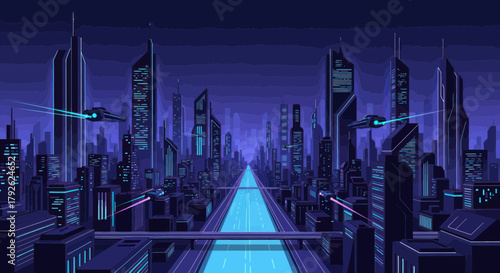 A vibrant pixel art depiction of a futuristic city at night, featuring towering skyscrapers, glowing blue pathways, and sleek flying vehicles under a dark sky.