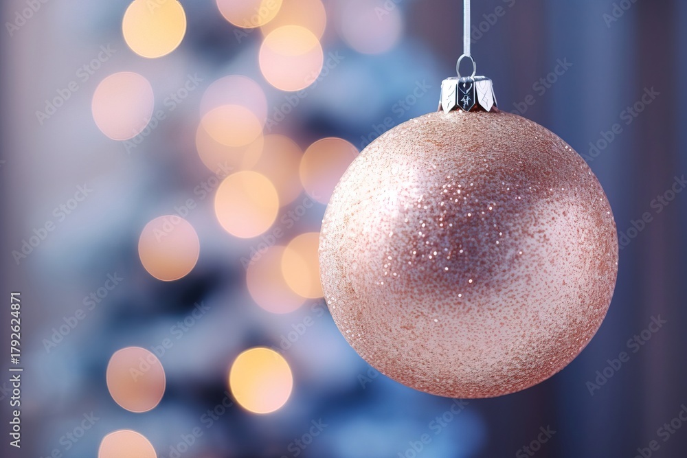 Fototapeta premium A beautiful sparkling ornament hangs delicately against a softly lit background. The warm glow creates a cozy holiday atmosphere perfect for celebrating the season