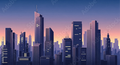 A stylized illustration of a modern city skyline at dusk or dawn, featuring numerous tall buildings and skyscrapers against a vibrant gradient sky.